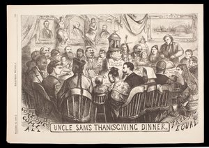 Rytina „Uncle Sam’s Thanksgiving Dinner“ od Thomase Nasta, Harper’s Weekly, 20. listopadu od American School