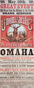 Plakát Union Pacific Railroad propagující první transkontinentální železnici napříč USA od American School