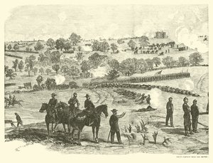 Pozice unie blízko centra, bitva u Gettysburgu, 2. července, červenec 1863 od American School