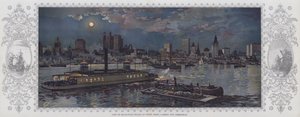 Pohled na ostrov Manhattan v noci z trajektu v Jersey City (barevná litografie) od American School