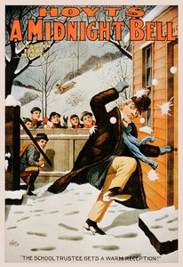 Vintage plakát chlapců házících muže sněhovými koulemi, 1890-99 od American School