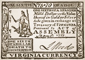 Virginská měna, rovnající se jedné šestině španělského dolaru, 1777 od American School