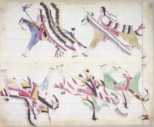 Válečná party se vrací domů, ilustrace z knihy Black Horse Ledger, 1877-79 (tužka a pastel na papíře) od American School