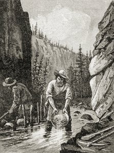 Vymývání zlata, z „Stručné historie Spojených států“, vydaného A. S. Barnes und Co. v roce 1885 od American School