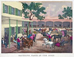Napajedlo na cestě, hospoda. 1870 (ručně kolorovaná rytina) od American School