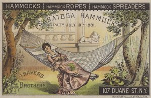 Žena ležící v houpací síti s čínským ventilátorem (chromolitho) od American School