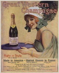 Mladá žena s lahví šampaňského, reklama na Great Western Champagne (barevná litografie) od American School