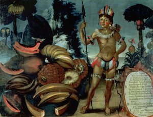 Yumbo Indian ze sousedství Quito, Ekvádor, s různými druhy ovoce a stromů (olej na plátně) od American School