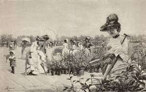 Naiset kävelemässä Brerassa, Milanossa, Italiassa, kaiverrus Amerino Cagnonin (1853-1923) Maggio (toukokuu) -maalauksesta, L
