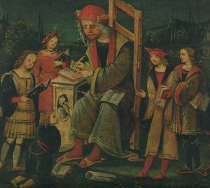 St Cassian ve svém křesle, obklopený svými studenty