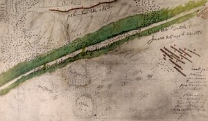 Topografická mapa bojiště u Little Big Hornu (uhlí a inkoust na papíře)
