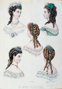 Pět účesů žen Talíř převzatý z „La mode illustree““ od Anais Coutwelve