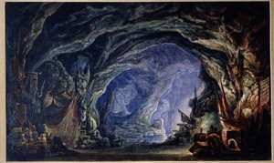 Přípravná výzdoba pro balet Le Corsaire od Adolphe Adama (1803-1856) (scéna pro Ballet Corsair od A. Adama). Jeskyně korzárů, přístupná po moři, kde hromadí svou kořist a ceny všeho druhu (látky, nádobí, zbraně). Ach od Anatoli Fedorovich Geltser