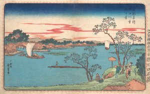 Pohled na třešňové stromy v listí podél řeky Sumida, 1831., 1831. od Ando Hiroshige