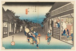 Goyu, ženy zadržující cestovatele, v Padesáti třech stanicích na Tokaidské silnici (Tokaido Gojusan Tsugi-no Uchi) od Ando Hiroshige