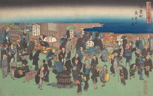 Obrázek spořádaně čekajícího nočního trhu, ? 1828. , komár. 1828. od Ando Hiroshige