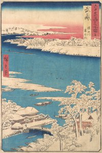 Ráno po sněžení, řeka Sumida, provincie Musashi, ze série Pohledy o..., ca. 1853. od Ando Hiroshige
