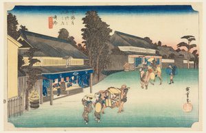Narumi, místo známé svou látkou, v Padesáti třech stanicích Tokaidské silnice (Tokaido Gojusan Tsugi-no Uchi) od Ando Hiroshige