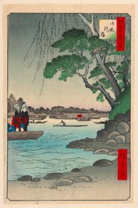 Nábřeží řeky Omnaya (Omnya-Gashi) ze série Sto slavných pohledů na Edo od Ando Hiroshige