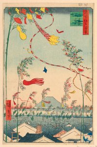 Město prosperující s festivalem Tanabata (Shichu han-ei, Tanabata matsuri) ze série Sto pohledů na Edo od Ando Hiroshige