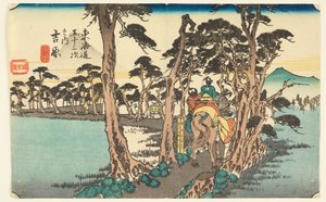 Yoshiwara. Vlevo Fuji (Yoshiwara s horou t Fuji), z městského stupně Goshuyama Tsugi-na Uchi od Ando Hiroshige