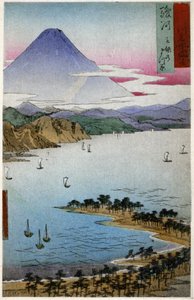 Geografie. Japonsko. Hora Fudži. Dřevoryt od Hirošigeho v: Tokaido (1833-1834). Pohlednice, Japonsko, kolem roku 1900 (pohlednice)