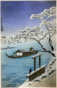Geografie. Japonsko. Řeka v zimě. Dřevoryt od Hirošigeho v: Tokaido (1833-1834). Pohlednice, Japonsko, kolem roku 1900 (pohlednice)