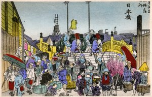 Geografie. Japonsko. Ranní záře na stanici Nihonbaši (1. stanice). Dřevoryt od Hirošigeho v: Tokaido (1833-1834). Pohlednice, Japonsko, kolem roku 1900 (pohlednice)