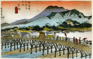 Geografie. Ranní záře na stanici Nihonbaši (55. stanice). Dřevoryt od Hirošigeho v: Tokaido (1833-1834). Pohlednice, Japonsko, kolem roku 1900 (pohlednice)