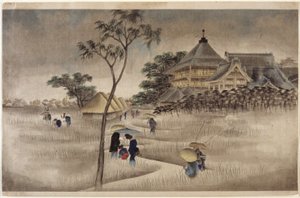 (Velká budova s chatami níže) (Stejné jako 17.218) od Ando or Utagawa Hiroshige