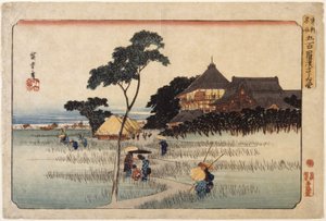 (Velká budova s chatami níže) od Ando or Utagawa Hiroshige
