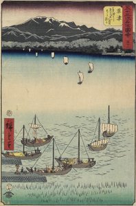 53, Plachetnice u brány Yabase Ferry Gate na pláži Kusatsu, Kusatsu, 1855 od Ando or Utagawa Hiroshige