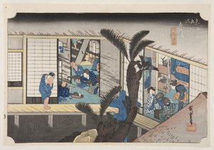 Akasaka: Hostinec s obsluhujícími (Akasaka, ryosha sh?fu no zu) (barevný dřevěný tisk) od Ando or Utagawa Hiroshige