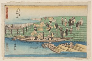 Lodě kotvící v Hachikenya (Hachikenya chakusen no zu) (barevný dřevotisk) od Ando or Utagawa Hiroshige