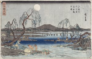 Chytání ryb za měsíčního svitu na řece Tama, ze série „Sníh, měsíc a květiny“ („Settsu Gekka“) (dřevotisk) od Ando or Utagawa Hiroshige