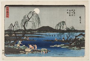 Chytání sladkých ryb v řece Tama pod podzimním měsícem (Tamagawa aki no tsuki ayugari no zu) (barevný dřevotisk) od Ando or Utagawa Hiroshige