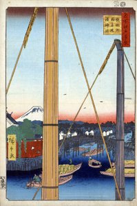 "Sto slavných pohledů na Edo"" (dnešní Tokio): Most Inari a chrám Minato v Teppozu. Pohled na město Tokio v Japonsku s horou Fuji v pozadí. (Přístavní svatyně a most Inari v Teppozu (Sto slavných pohledů na Edo). Japonsko tisk od Ando or Utagawa Hiroshige