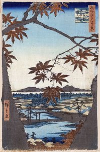"Sto slavných pohledů na Edo"" (dnešní Tokio): Javorové listy u mámy s chrámem Tekona a mostem Tsugi. Pohled na město Tokio v Japonsku. (Javorové listy a svatyně Tekona a most u Mamy (Sto slavných pohledů na Edo). Japonský dřevotisk od Ando or Utagawa Hiroshige