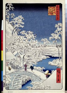 ""Sto slavných pohledů na Edo"": ""Mount Yuhi Hill a most Meguro"". Krajina se sněhovými vločkami. (Yuhi Hill a Drum Bridge v Meguro (Sto slavných pohledů na Edo) Japonský tisk Utagawa Hiroshige (1797-1858) 1856-1858 Erm Museum od Ando or Utagawa Hiroshige