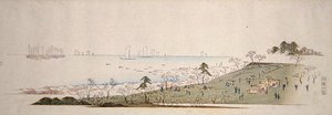 Čas třešňových květů, piknikování lidí v Gotenyamě (barevný dřevořez) od Ando or Utagawa Hiroshige