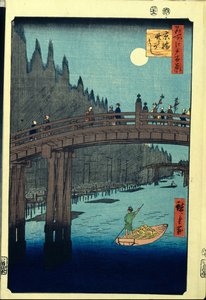 Japonský dřevotisk: Bamboo Wharf u mostu Kyobashi (Tokio, Japonsko). Série 100 slavných pohledů na Eda. (Bamboo Quay u mostu Kyobashi, Sto slavných pohledů na Edo). Dílo Utagawy Hiroshige (1797-1858), dřevoryt (39x26 cm) od Ando or Utagawa Hiroshige