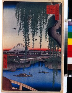 Japonský tisk: Pohled na most Yatsumi (Tokio, Japonsko). Série 100 slavných pohledů na Eda. (Pohled na most Yatsumi, Sto slavných pohledů na Edo). Dílo Utagawa Hiroshige (1797-1858), dřevoryt (37x24 cm) od Ando or Utagawa Hiroshige