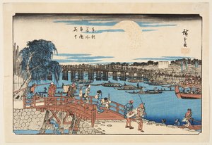 Ohňostroj na mostě Rygoku (Rygoku hanabi) (barevný dřevořez) od Ando or Utagawa Hiroshige