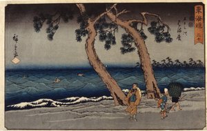 Hamamatsu Station (barevný dřevěný tisk) od Ando or Utagawa Hiroshige