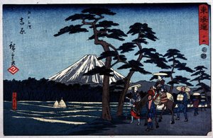 Japonská krajina se sopkou a borovicí lesní - japonský tisk od Hiroshige mladšího (Utagawa Hiroshige od Ando or Utagawa Hiroshige