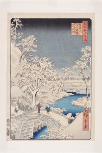 Meguro Drum Bridge a Sunset Hill (Meguro Taikobashi Y?hinooka) (barevný dřevěný tisk) od Ando or Utagawa Hiroshige