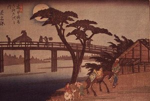 Moonlight over Nagacubo, c.1840 (barevný dřevořez v horizontálním formátu yoko-e) od Ando or Utagawa Hiroshige