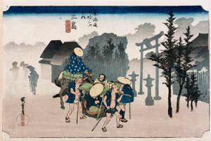 Ranní mlha v Mišimě“, ze série „Padesát tři stanic Tokaida“, kolem roku 1834 od Ando or Utagawa Hiroshige