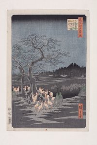 Silvestrovské požáry u měnícího se stromu, ?ji (?ji Sh?zoku enoki ?misoka no kitsunebi) (barevný dřevotisk) od Ando or Utagawa Hiroshige