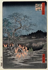 Silvestrovské lišky u kopřivového stromu, Oji, ze série „Sto slavných pohledů na Edo od Ando or Utagawa Hiroshige